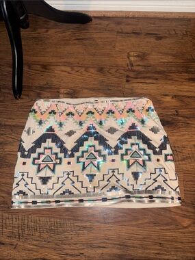 Express White Mini Skirt with Black, Pink and Teal Sequin Aztec Detail 31